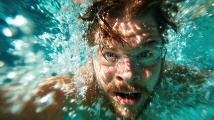 An exhilarating underwater shot capturing a swimmer's surprised expression amidst bubbles and water movement, embodying the thrilling and refreshing experience of swimming.