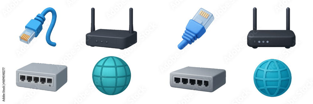 Poster essential network connectivity devices and global communication symbols representing modern internet