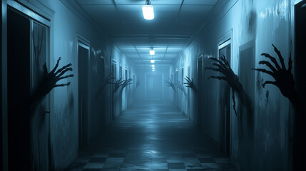 Dark eerie corridor with monstrous hands emerging from doorways, evoking a psychological horror atmosphere