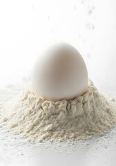 Single egg nestled in a mound of flour against a bright backdrop