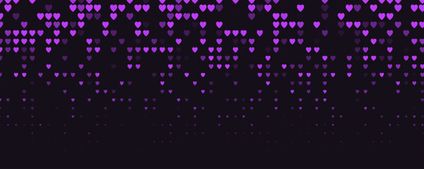 Glowing purple heart pattern, digital love abstract pixel grid. Romantic mood backdrop, passion, emotion, night tech background for events, apps, web. Magenta Neon pixel art vector illustration © artyway
