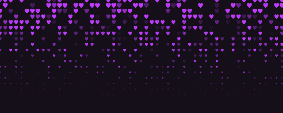 Glowing purple heart pattern, digital love abstract pixel grid. Romantic mood backdrop, passion, emotion, night tech background for events, apps, web. Magenta Neon pixel art vector illustration