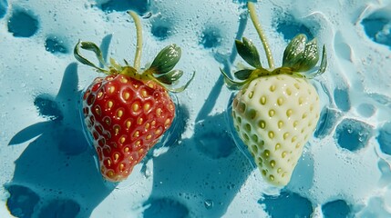 Strawberry macro study, 50mm focal length and daylight clarity emphasizing surface detail and fresh natural tones on clean plate