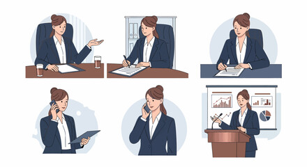 Flat vector illustration business woman actions multitasking work