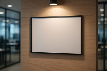 Blank horizontal black frame mockup on a modern light wood wall in a corporate office for advertising and presentation.