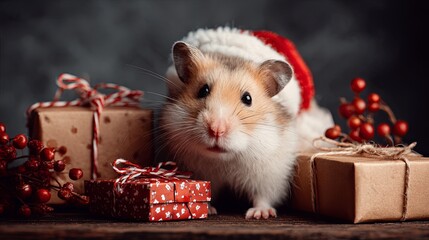 Fototapeta premium Cute Hamster in Santa Hat with Christmas Gifts