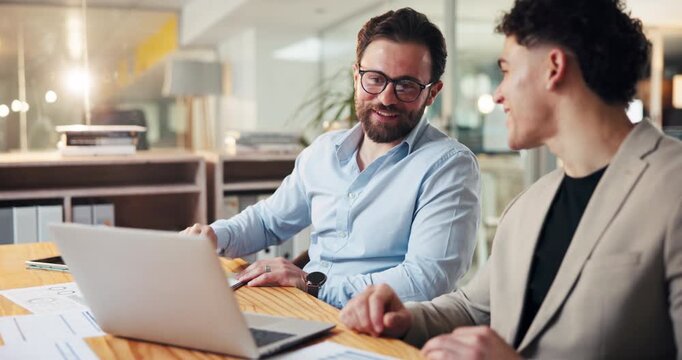 High five, agreement and men in office with tech, strategy and planning for new project. Happy, meeting and marketing team in company with laptop, online and approval of financial business loan.