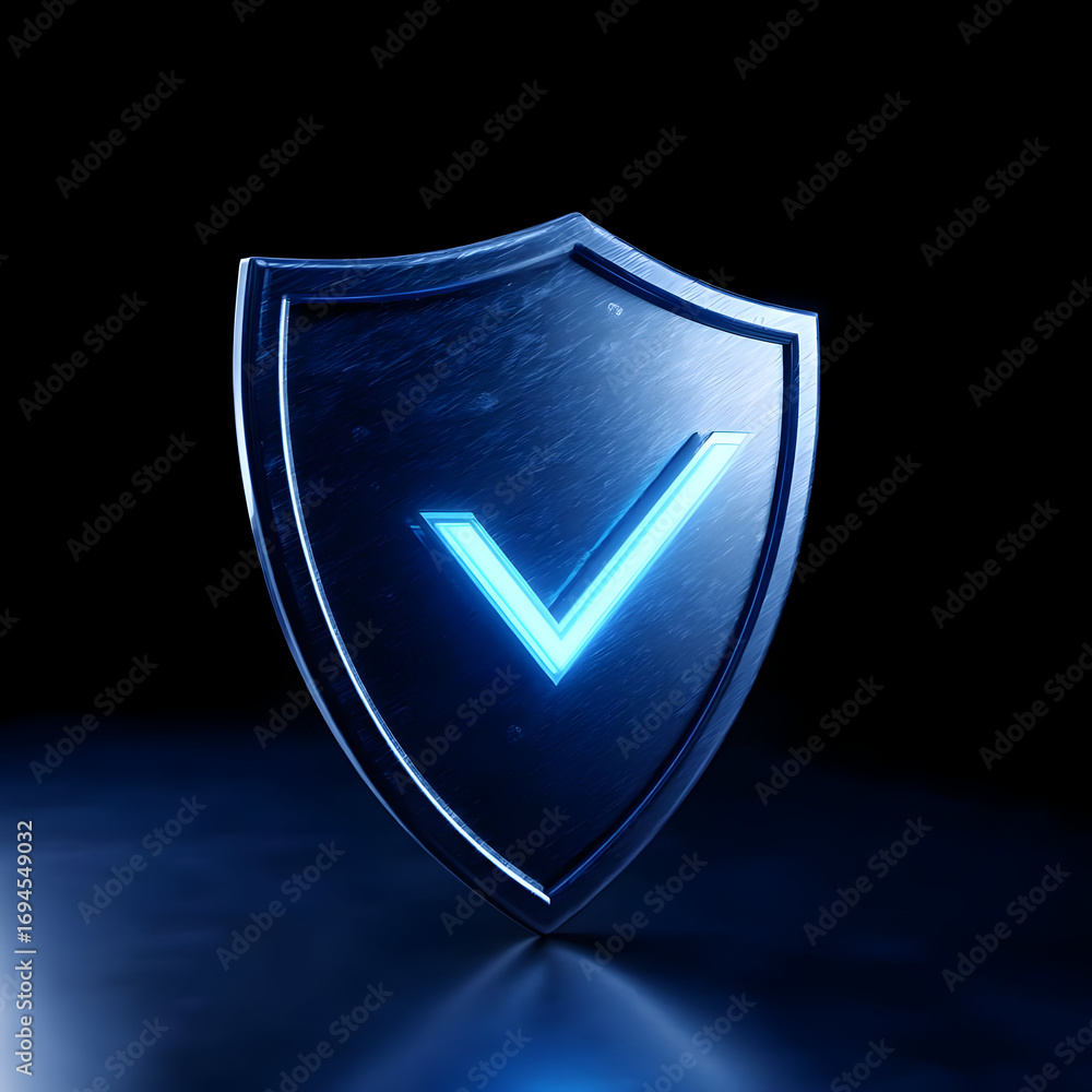 Poster a sleek metallic shield icon with a blue check mark, symbolizing security and trust in digital space