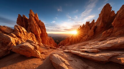 This breathtaking image portrays an intricate rocky landscape illuminated by the warm tones of a setting sun, embodying the serene beauty of nature at twilight and its stunning vistas.