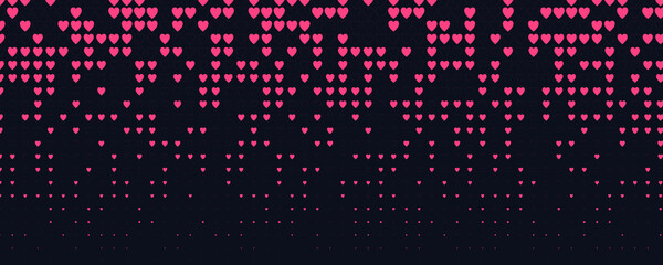 Glowing magenta heart pattern, digital love abstract pixel grid. Romantic mood backdrop, passion, emotion, night tech background for events, apps, web. Scarlet Neon pixel art vector illustration © artyway
