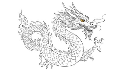 Intricate Line Art Depiction of a Majestic Eastern Dragon for Coloring Books