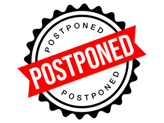Red ribbon banner announcing postponed event status update notification isolated on transparent background
