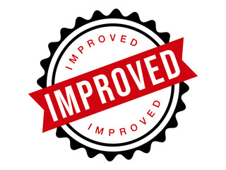 Red ribbon stamp with improved text symbol showing progress and quality enhancement isolated on transparent background