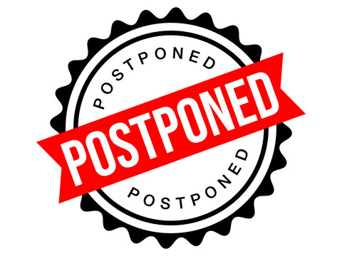 Red ribbon banner announcing postponed event status update notification isolated on transparent background