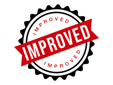 Red ribbon stamp with improved text symbol showing progress and quality enhancement isolated on transparent background