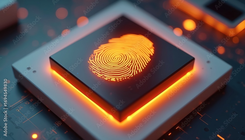 Poster futuristic fingerprint recognition technology display with glowing orange light, signifying advanced