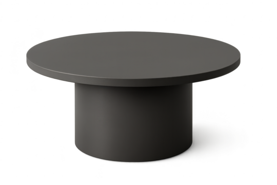 Modern round coffee table isolated on transparent background, dark gray tone