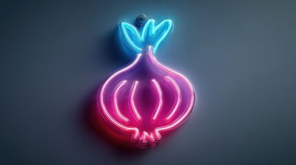 A vibrant neon onion graphic illuminates a neutral backdrop.