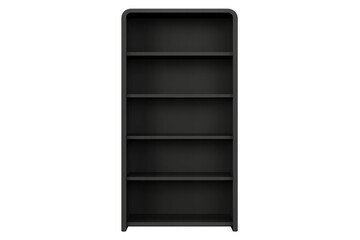Modern black bookcase isolated on transparent background, empty shelves cutout