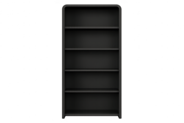 Modern black bookcase isolated on transparent background, empty shelves cutout
