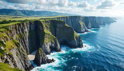 Dramatic coastal cliffs meet the ocean under a cloudy sky