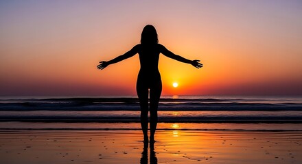 Sunrise Beach Silhouette Woman.
