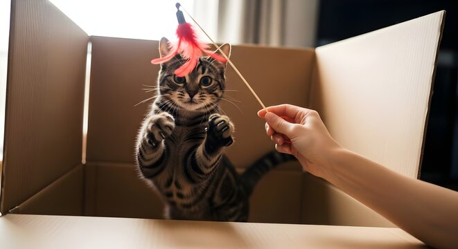 A playful tabby kitten is jumping out of a cardboard box, reaching for a feather toy held by a human hand, capturing a moment of feline curiosity - Powered by Adobe