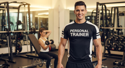 Professional personal trainer smiling in a modern fitness gym while a client works out in the background
