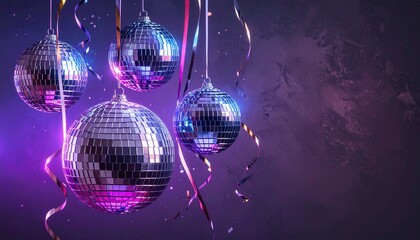 Festive celebration scene with sparkling disco balls and streamers under purple light