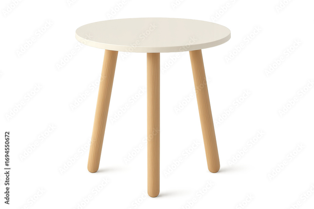 Poster modern round side table with three wooden legs isolated on transparent background