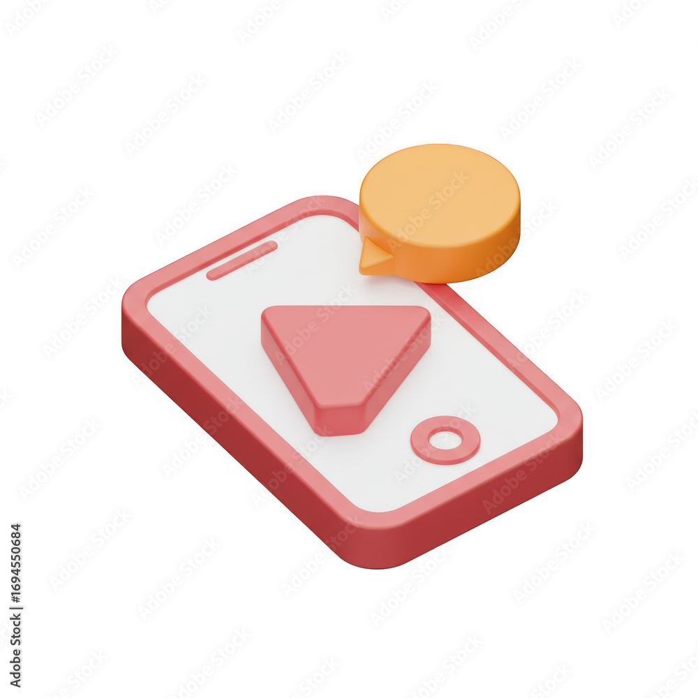 Poster 3d render of a smartphone with play button and speech bubble isolated on transparent background