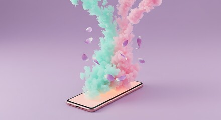 Smartphone with pastel smoke explosion and falling petals, artistic transformation concept of creativity and emotional release