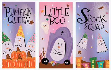 Halloween Cute Ghost Card Set, Adorable ghost characters with colorful party hats, pumpkins, gravestones and spooky text designs. Perfect for greeting cards, party invitations and poster.
