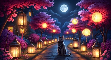 A serene night scene with a cat sitting on a stone path lined with glowing lanterns and cherry blossom trees under a full moon, creating a magical atmosphere