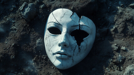 Cracked mask lying on the ground, symbolizing identity loss or emotional fracture