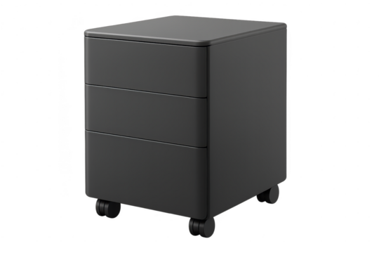 Dark gray mobile pedestal with three drawers isolated on transparent backdrop - Powered by Adobe