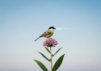 Small songbird resting on vibrant wildflower in a bright blue sky