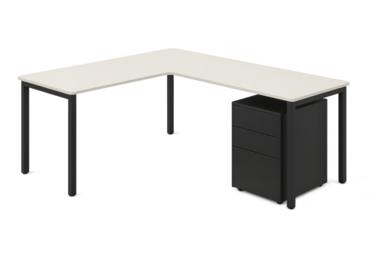 Modern L-shaped office desk with filing cabinet, isolated on clear background.