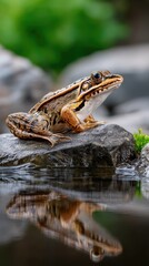 Obraz premium Frog perched on a rock by a tranquil pond reflecting nature's beauty in a serene outdoor setting