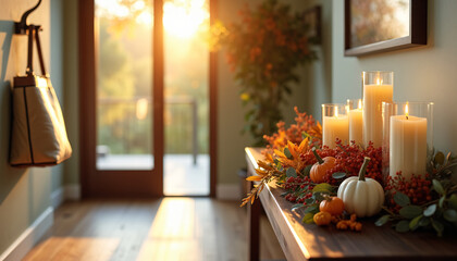 Luxury Thanksgiving Entryway with Cozy Golden Hour Light, Tote Bag & Festive Centerpiece