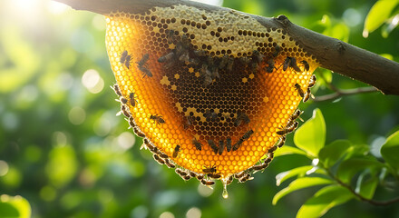 Honey Bee Haven A Natural Nectar Feast on a Branch in the Sunlight