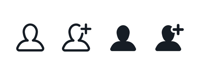 Add user icon. Person silhouette with a plus sign vector illustration. New profile creation symbol. Friend request and contact addition sign.