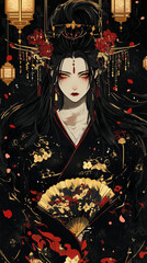 Gothic Japanese-style portrait of a mysterious woman in a black kimono with golden motifs, ornate hairstyle, red roses, and lanterns, holding a decorative fan in an elegant, dark setting.