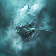 Obraz premium Aggressive, menacing great white shark swimming in cloudy, deep sea water. powerful predator from ocean representing danger and fear