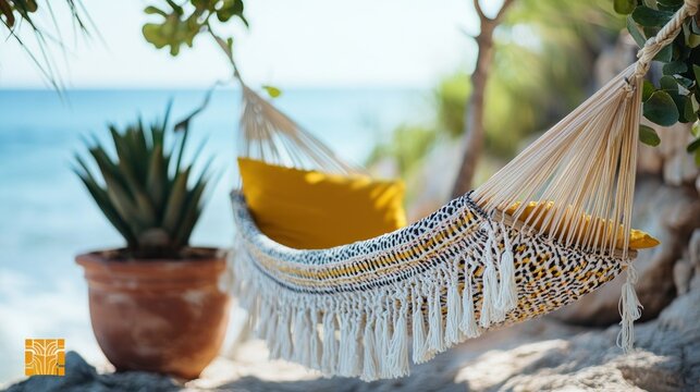 Coastal hammock, vibrant yellow cushions,  beachside relaxation