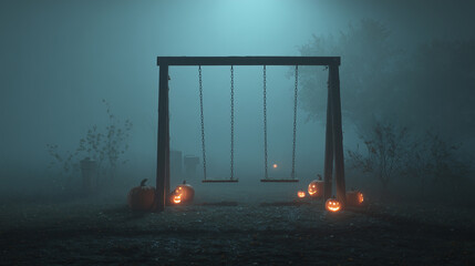 Spooky Halloween scene with a wooden swing set in a foggy graveyard, surrounded by glowing carved pumpkins at night.
