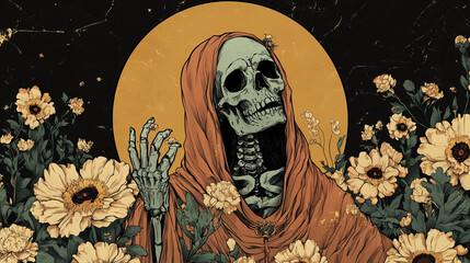 Stylized digital illustration of a skeleton in a red robe surrounded by flowers, evoking tarot symbolism and themes of death and renewal.
