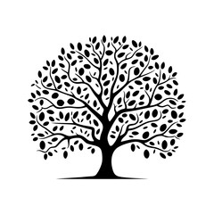 Stylized black tree silhouette with abundant rounded leaves symbolizing growth and nature
