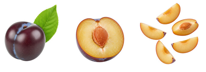Plum fruit set PNG. Whole plum with a leaf isolated. Ripe plum cut in half isolated. Plum fruit slices top view isolated. Organic, vegan and vegetarian plums png
