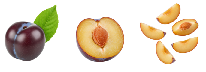 Plum fruit set PNG. Whole plum with a leaf isolated. Ripe plum cut in half isolated. Plum fruit slices top view isolated. Organic, vegan and vegetarian plums png